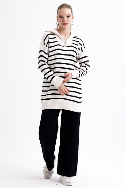 MD trend Women's Zippered Collar Striped Oversize Sweater and Trousers Double Knitwear Set