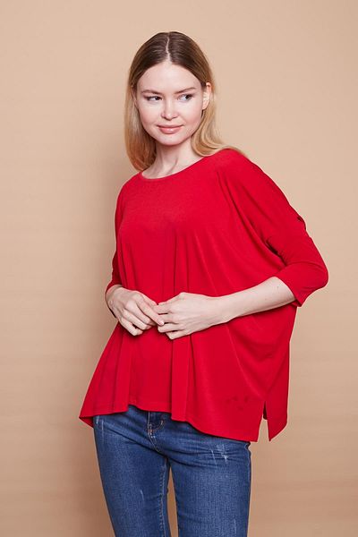 Jument Lycra Crepe Fabric Wide Crew Neck Capri Three-quarter Sleeve Side Slit Casual Oversize Blouse-red