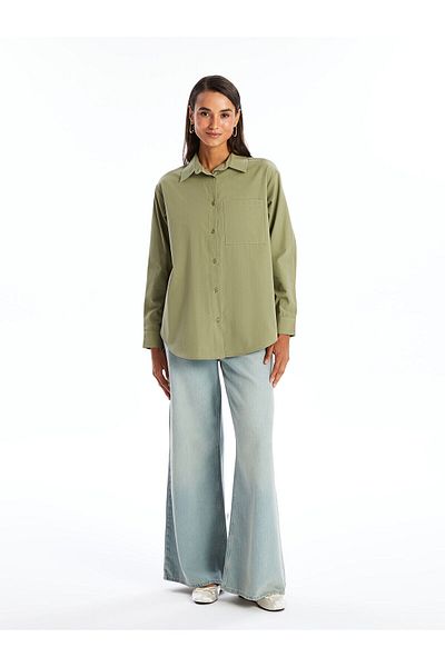 LC Waikiki Lcw Plain Langarm-Oversize-Popeline-Damenhemd
