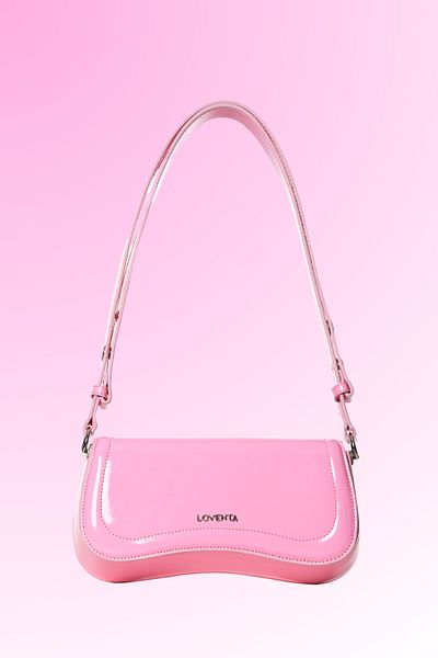 LOVENTA Pink Hera Patent Leather Strap Baguette Bag - Adjustable