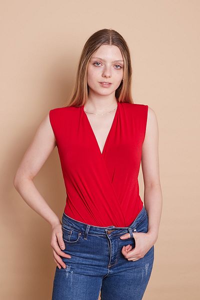 Jument Crepe Fabric Wrapped Double Breasted Sleeve Gathered Short Sleeve Bodysuit Lycra Bodysuit Blouse -red