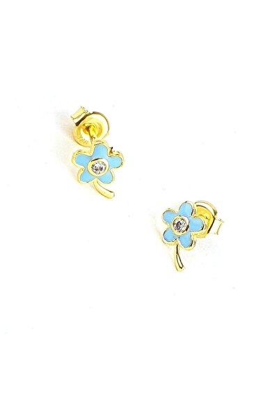 OSESHOP Mavi mineli Zirkon Taş Detaylı 925ayar Gümüş Üzerine Altın Kaplama Çiçek Çocuk Küpesi