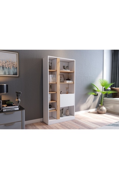 AYMOBSAN Lotus Kitaplık Kapaklı 160 Cm Beyaz - Atlantik Çam