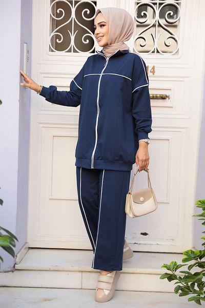 Neva Style طقم حجاب أزرق داكن بسحاب مزدوج - 20105L