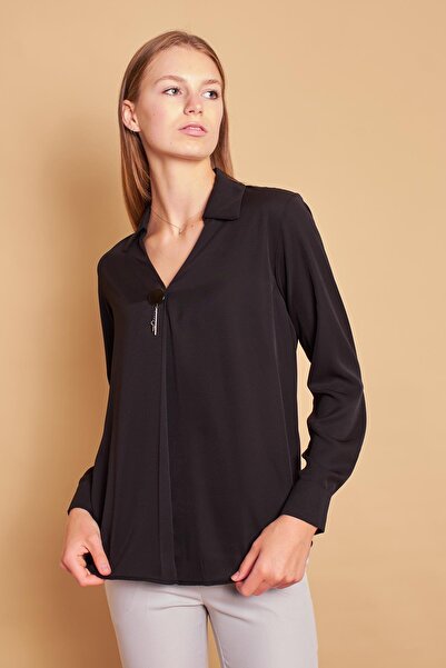 Jument Μακρυμάνικο γιακά μπροστά πλισέ αξεσουάρ Χωρίς Lycra Κομψή υφασμάτινη ...