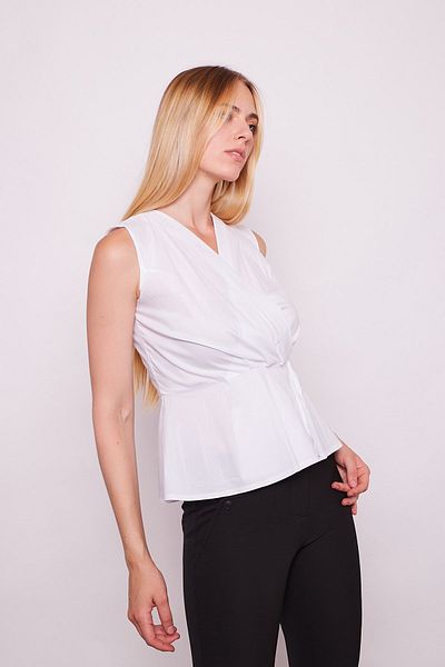 Jument Voile Wrap Double Breasted Front Pleated Sleeveless Blouse with Flounce Waist -white