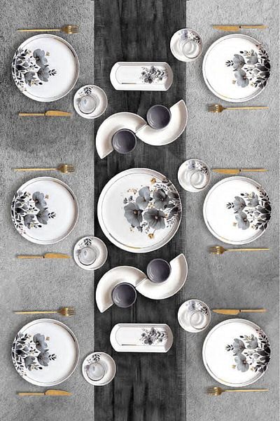Erbaşlar Gray Flower Luxury Relief 23 Piece Breakfast Set for 6 People