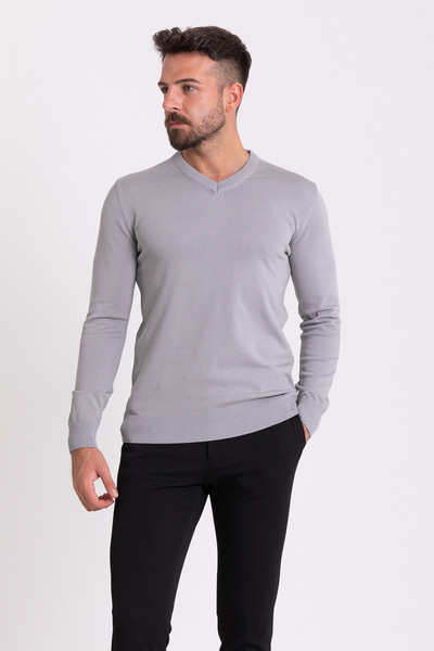 Mcr Прямий Slim Fit V-подібний комір Чоловічий светр Світло-сірий - 11356.21K