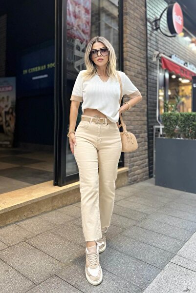 Eswomes Kesik Paça Boyfit Jean Bej