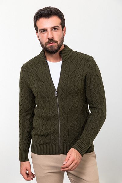 Mcr Braided Slim Fit Judge Collar Zippered Wool Men's Knitwear Cardigan Khaki - 11236.23K