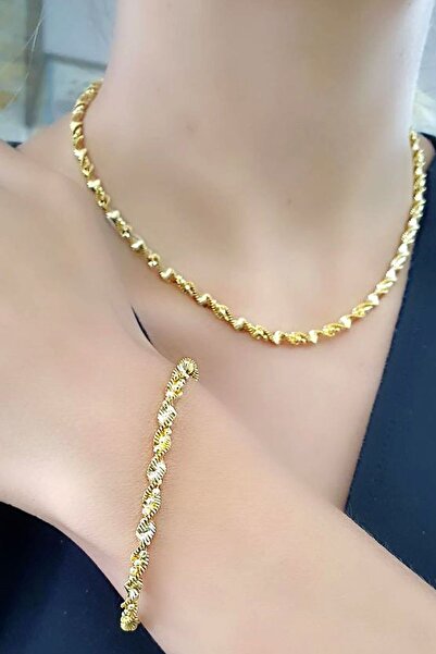 OSESHOP 925ayar Gümüş Üzerine Altın Kaplama İtalyan Bileklik Kolye Set Takım
