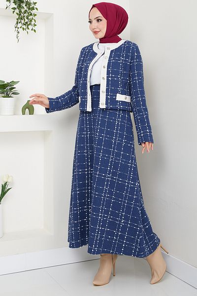 ModaMerve Costum Indigo - Cu jachetă și fustă din tweed 1140S982-M