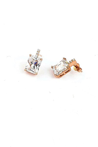 OSESHOP Pırlanta Parlaklığında Swarovski Taşlı 925ayar Gümüş Üzerine Rose Altın Kaplama Baget Küpe