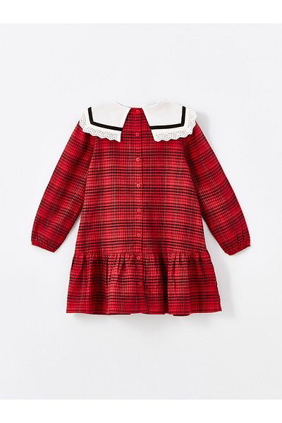 LC Waikiki Baby Collar Long Sleeve Plaid Patterned Girl's Dress