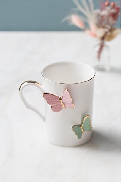 AROW Porselen Kelebek Desenli Kupa Pembe Yeşil