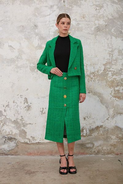 dükkan10butika Green Women's Jacket and Skirt Set - Button Detailed, Long Slit Tweed