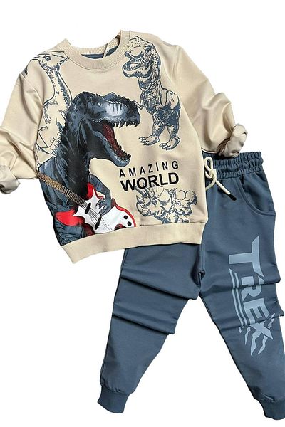 Riccotarz Boy's Dinosaur Printed Amazing Word Text Blue Tracksuit Set
