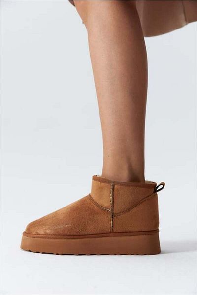 innsteal Mini Tan Suede Ankle Boots with Furry Inside Flat Sole Women's Shoes