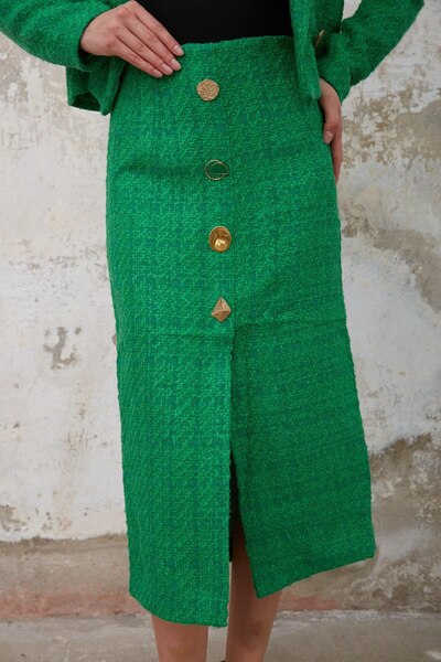 dükkan10butika Green Women's Jacket and Skirt Set - Button Detailed, Long Slit Tweed