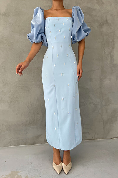 Seda Yalçın Atelier Pearl Detailed Baby Blue Zippered Princess Sleeve Dress