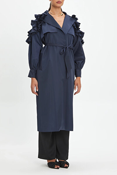 SERPİL Belden Bağcıklı Omuz Fırfır Detaylı Lacivert Trençkot 39062