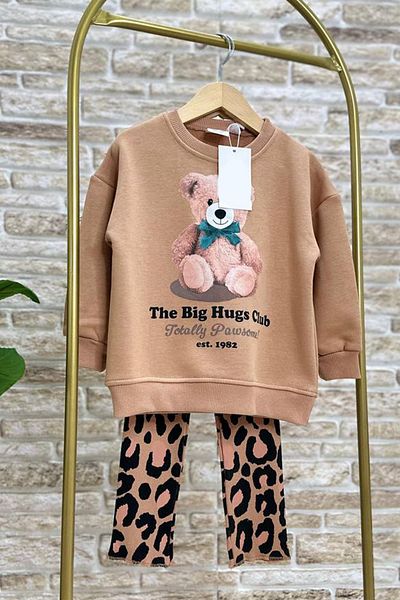 Monila Girl's 3 Thread Fabric Teddy Bear Printed Sweatshirt Ribbed Tights Top and Bottom Set