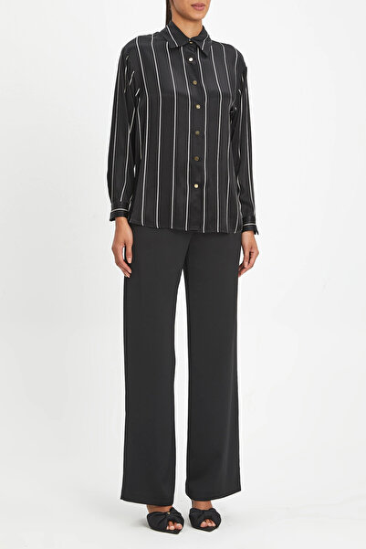SERPİL Uzun Kollu Düğmeli İnce Çizgili Siyah Ofis Gömlek 40328