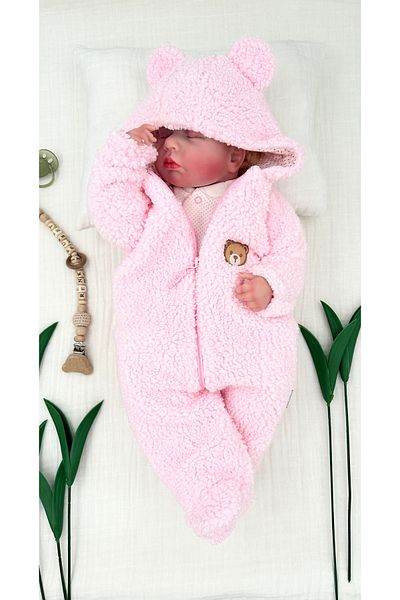 Renkli Puset Plush Fleece Jumpsuit for Baby Girl - Sleeping Bag with Hood, Zipper and Teddy Bear