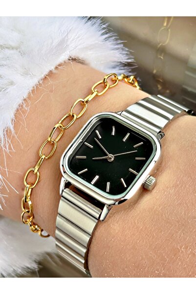 Tisaati Premium Özel Serisi Kare İnce Metal Kordon Kadın Kol Saati-Bileklik H...