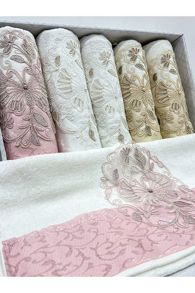 AYHANHOME Guipure Pearl Embroidered Boxed 6 Pieces 50x90 Σετ πετσετών χεριών και προσώπου