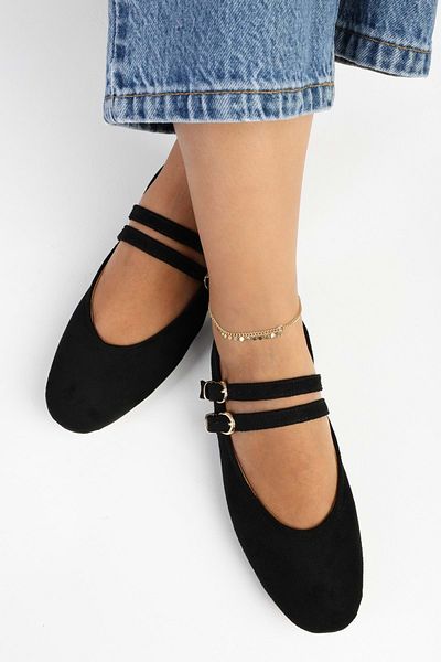 Shoeberry Damen-Ballerinas Fiesty aus schwarzem Wildleder mit doppeltem Riemen