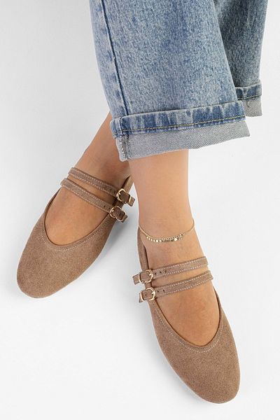 Shoeberry Fiesty Damen-Ballerinas aus Nerz-Wildleder mit doppeltem Riemen