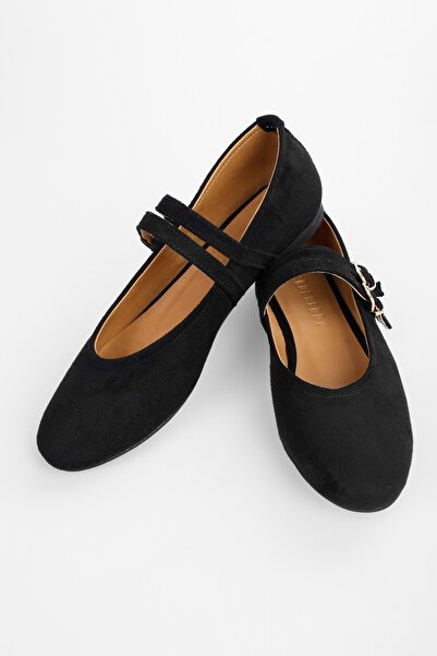 Shoeberry Women's Fiesty Black Suede Double Strap Ballerinas