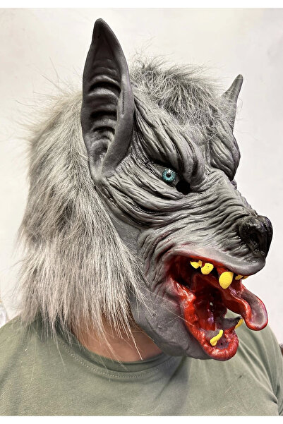 ArkhenX Blue Eyed Wolf Mask with Full Snap-On Latex Tongue Out on the Head