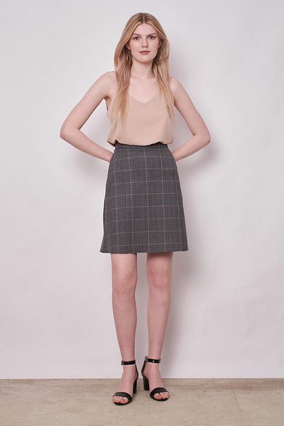 Jument High Waist Light Lycra Fabric Knee Length Bell Skirt-Anthracite Plaid