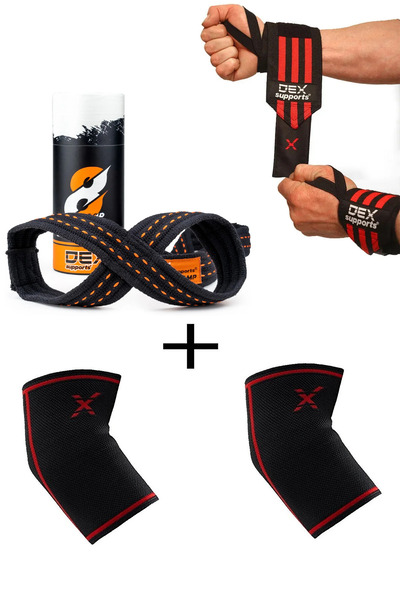 Dex Supports Fitness Bileklik Wrist Wraps+Fitness Dirseklik Elbow Sleeve+8 Loop Lifting Straps 3'lü Paket