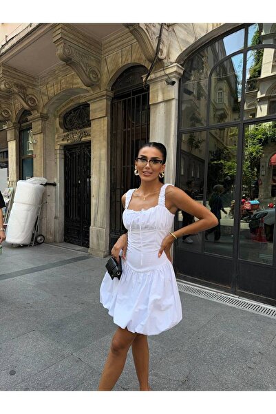 popibutik Balon Etek Kare Yaka Kalın Askılı Poplin Kumaş Mini Beyaz Elbise