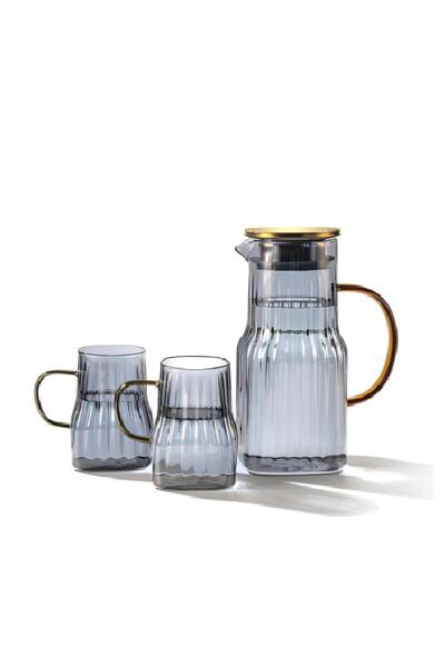AROW Mia 2 Bardaklı Borosilikat Cam Sürahi Takımı Gri 1400 ml Tr-3984