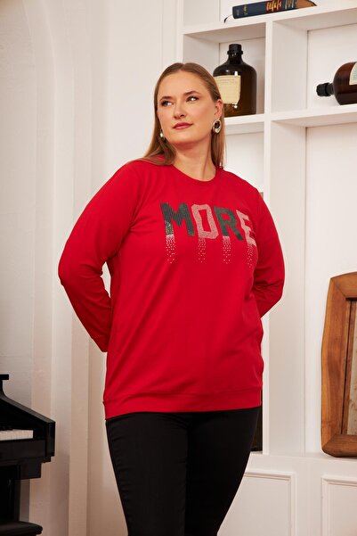 RMG Red Large Size Stone Printed Sweatshirt
