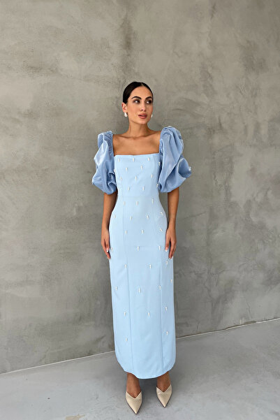 Seda Yalçın Atelier Pearl Detailed Baby Blue Zippered Princess Sleeve Dress