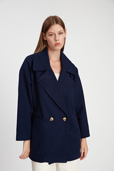 dükkan10butika Navy Blue Oversize Stamp Coat - Patternless and Lined
