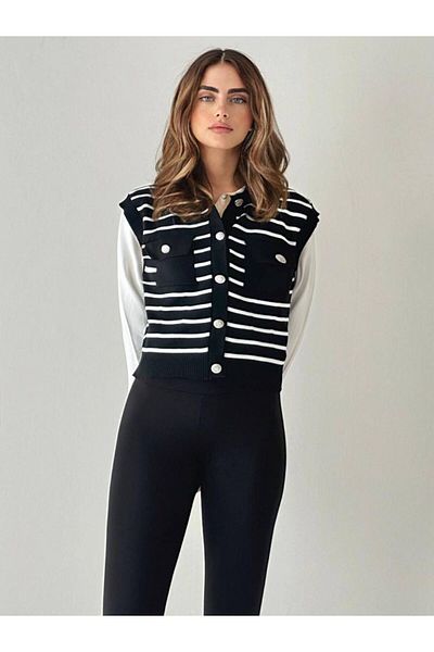 My Blog Schwarz gestreifter Strick-Cardigan mit silbernen Knopftaschen-4443