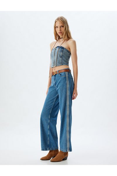 Koton Loose Cut Stripe DetailedWideLeg Jeans - Buttoned PocketWideLeg Trousers