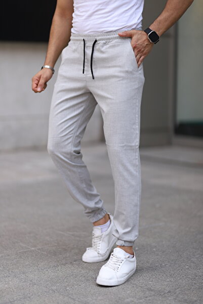 Bürke Men's Grey Color Waist - Elastic Leg Lace Flexible Fitted Jogger Pants Fabric Trousers
