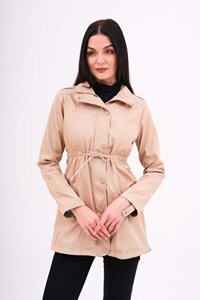 ŞİMAL Kadın Manşetleri Desenli Beli Büzgü Detaylı Trenckot - 255114