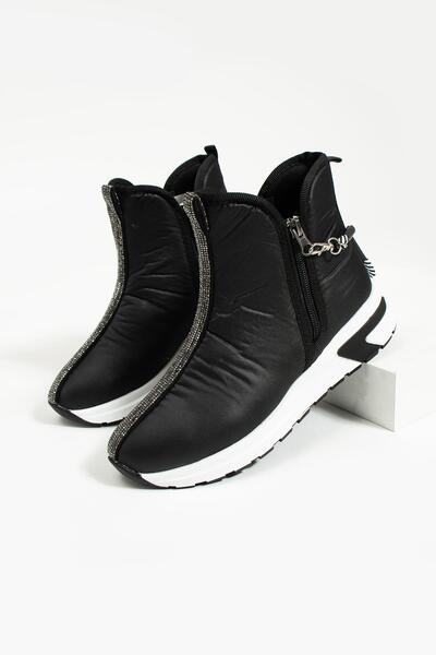 Gökçe Shoes Kate Siyah Dalgıç Kumaş Çift Fermuar Arka İp Detay Kadın Spor Bot