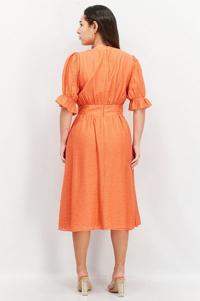 Esprit Women V-neck Short Sleeve Stripe Midi Dress, Orange