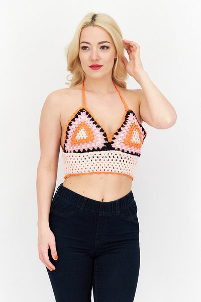 Don't Call Me Jennyfer Women Halter Neck Sleeveless Knitted Top, Orange Combo