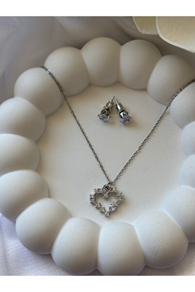 stainless steell İKİLİ KOMBİN KALP TAŞLI KOLYE