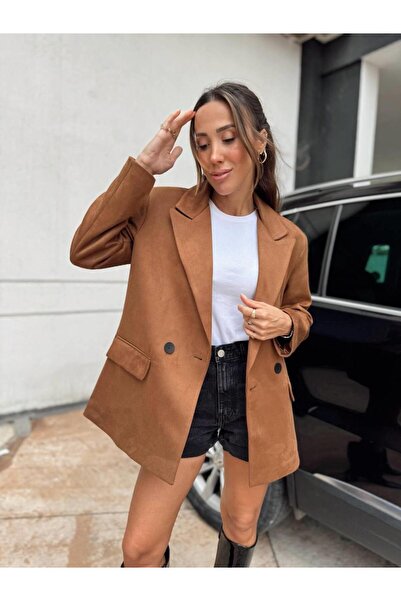 Maldia Shop Women's Suede Fabric Lined Tan Blazer Jacket